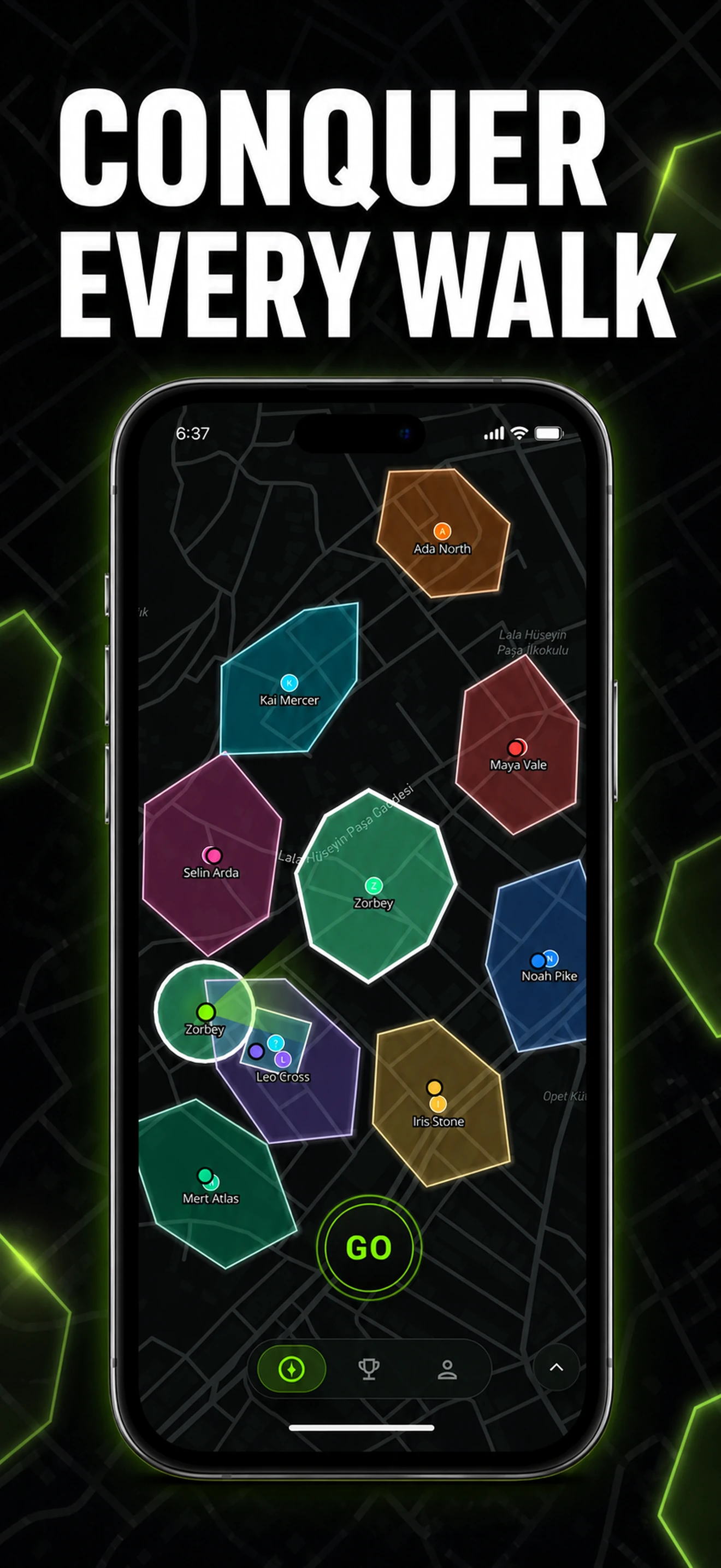 Walk and Conquer map showing territories to claim on a walk