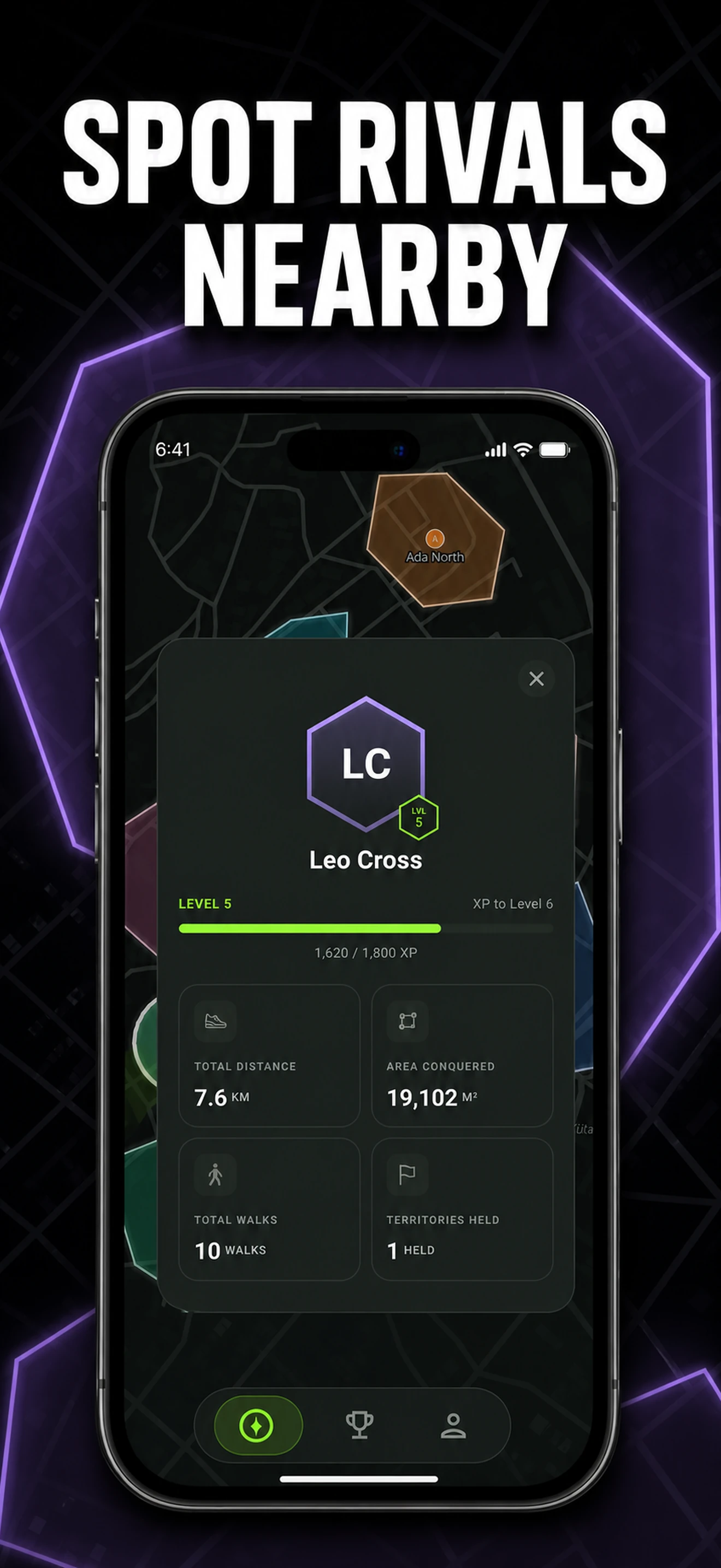 Walk and Conquer rival profile and nearby territories