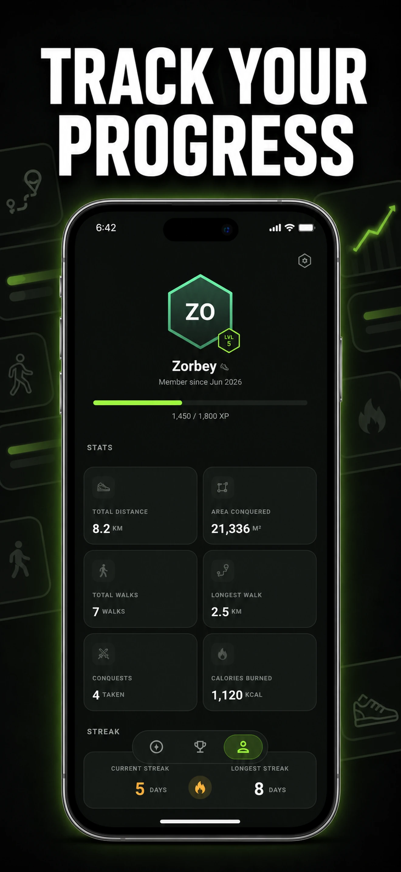Walk and Conquer profile with walking and territory statistics